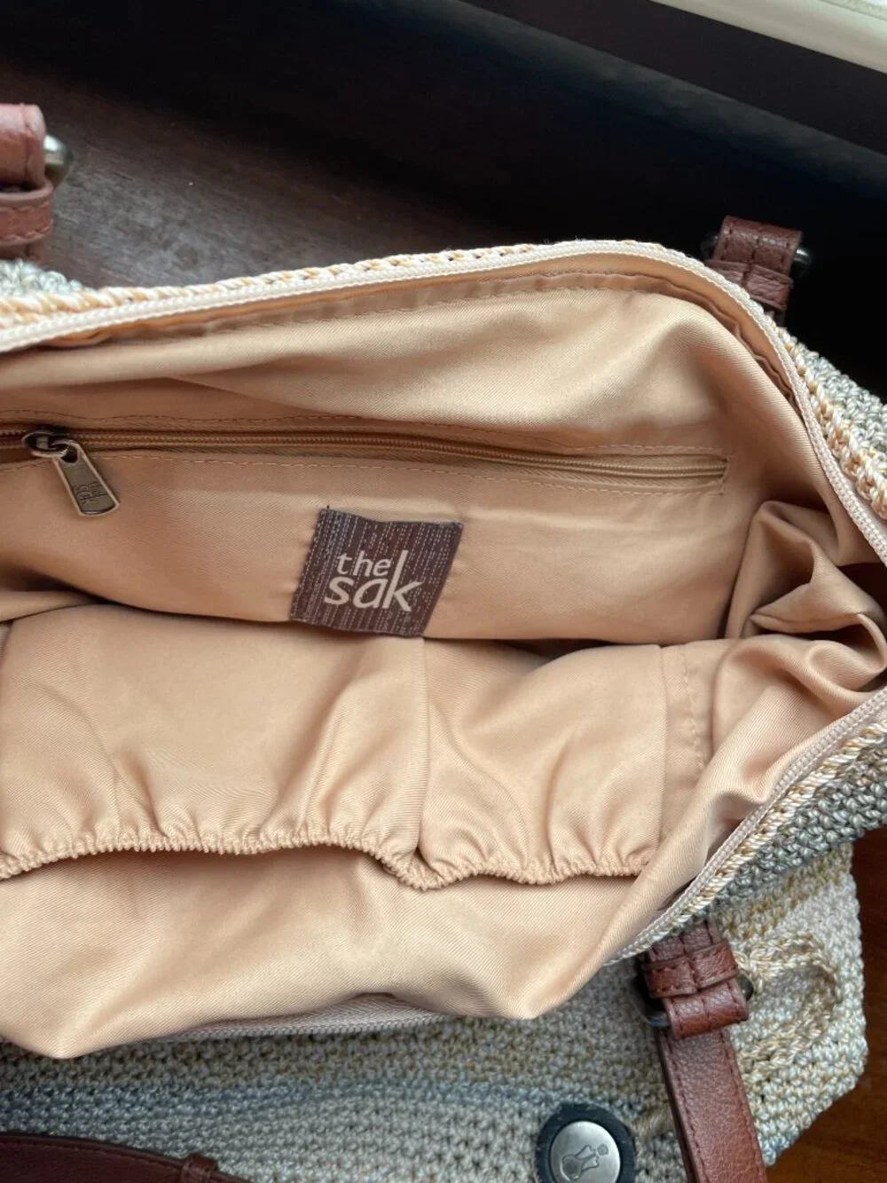 The Sak Crochet Tote Bag Neutral Striped Leather Strap Boho Shoulder Bag